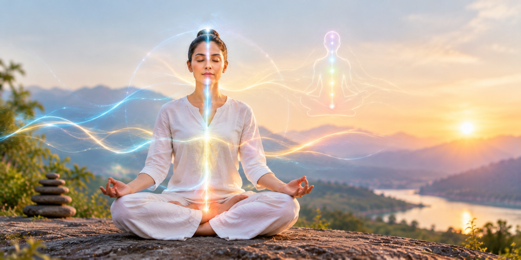 Pranic energy flow in meditation sunrise