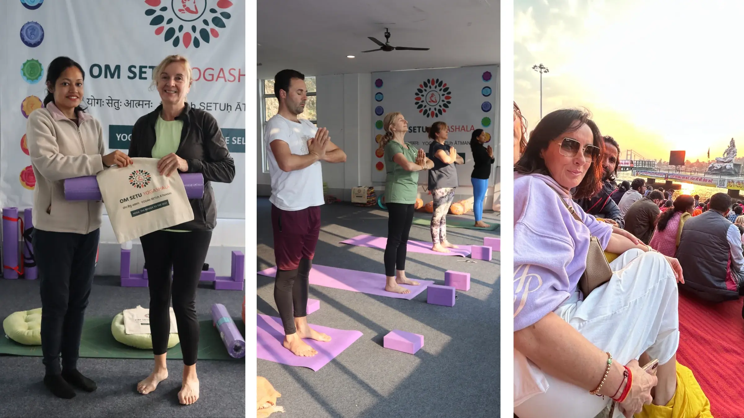 Guests practising morning yoga on the terrace during the 3-day weekend retreat in Tapovan, Rishikesh