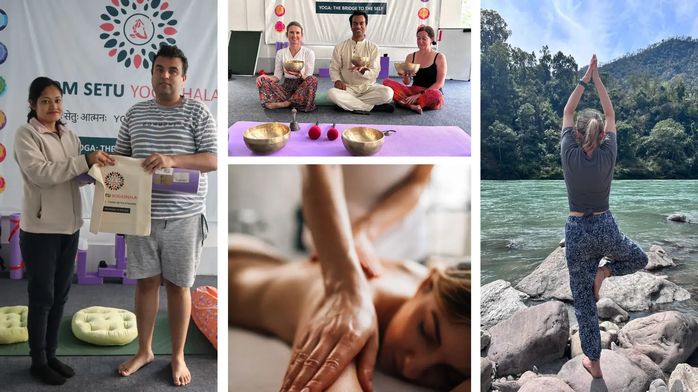 Couple practising yoga together overlooking the Ganga in Rishikesh