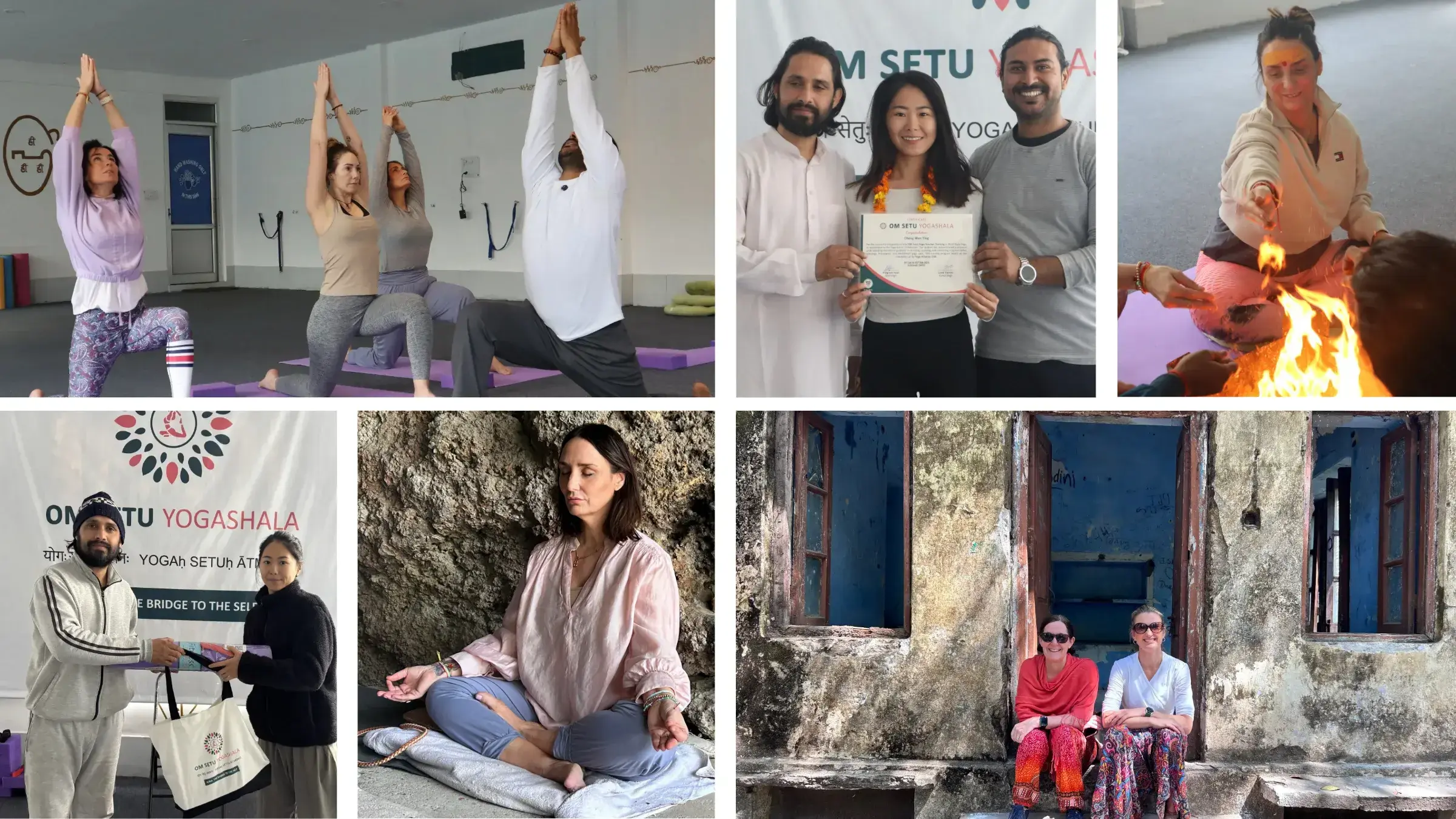 Trainee holding a classical Hatha yoga asana with the trainer observing at Om Setu Yogashala, Rishikesh