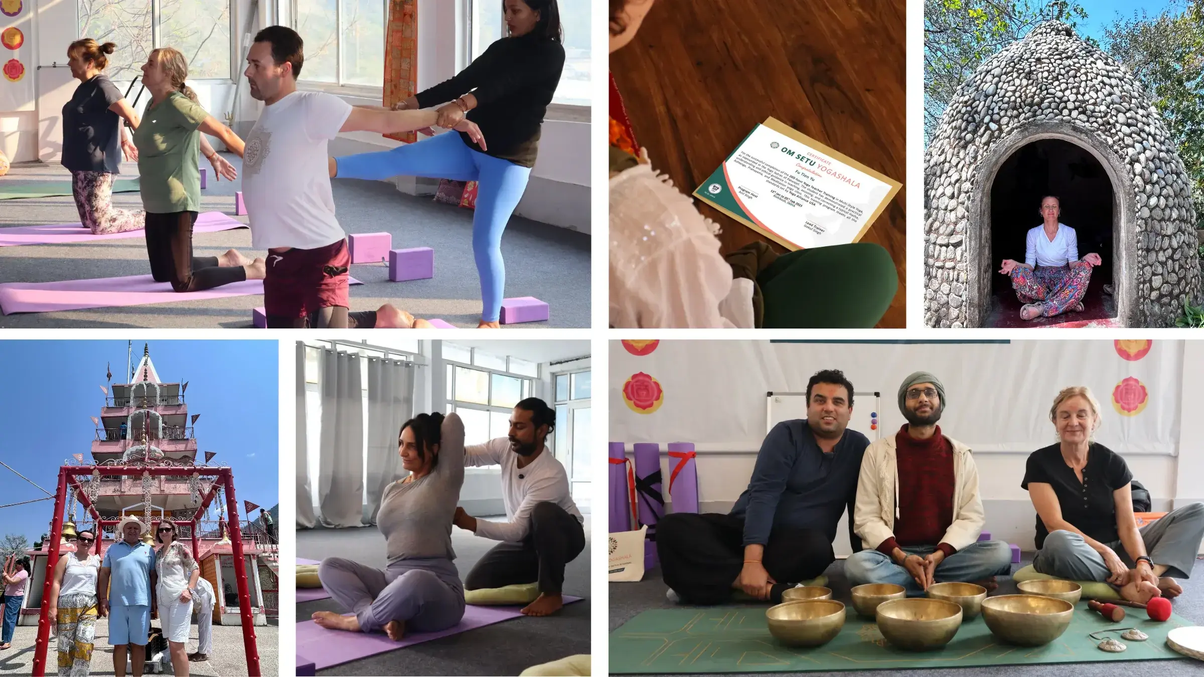 Students at 100, 200 and 300 hour yoga teacher training levels practising together at Om Setu Yogashala, Rishikesh