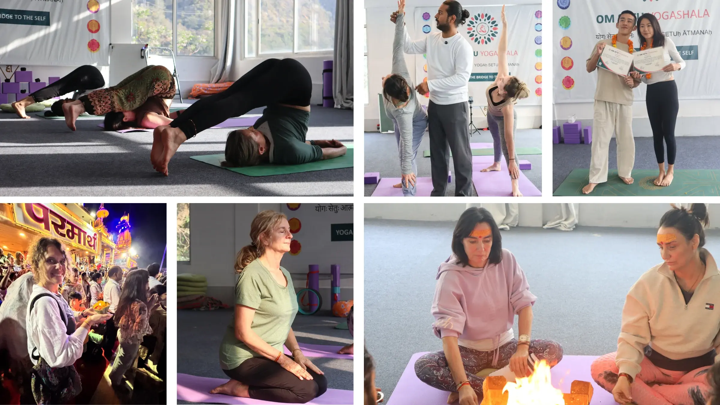 Multistyle yoga teacher training batch practising Hatha, Ashtanga and Vinyasa in the shala at Om Setu Yogashala, Rishikesh