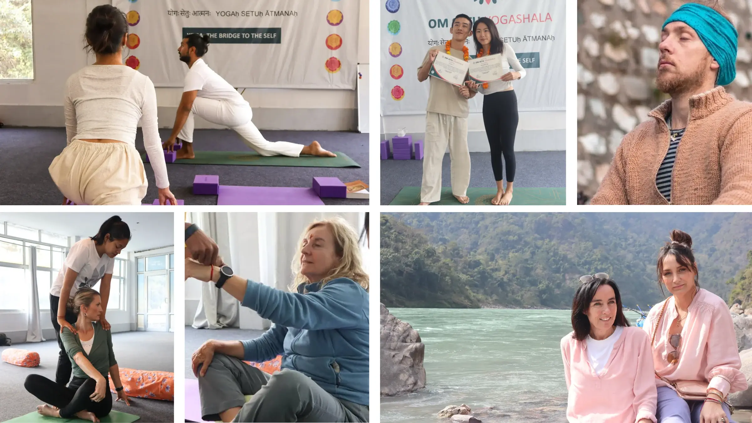 Small batch of six to ten trainees with their lead trainer at Om Setu Yogashala, Rishikesh